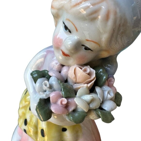 VTG 1960s Figurine 5.5" Blonde Girl Roses Flower Bouquet Glazed Porcelain Dress - Picture 3 of 8